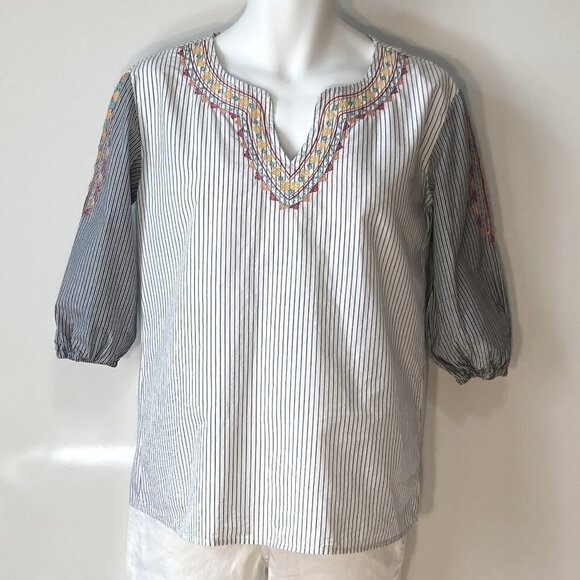 Panhandle SZ M Black & White stripe pullover top with bright embroidery details - Picture 1 of 7